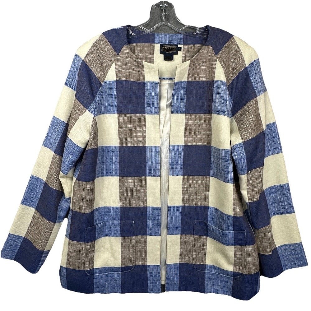 Pendleton Open Front Blazer Women's Large Virgin Wool Buffalo Plaid Blue Ivory